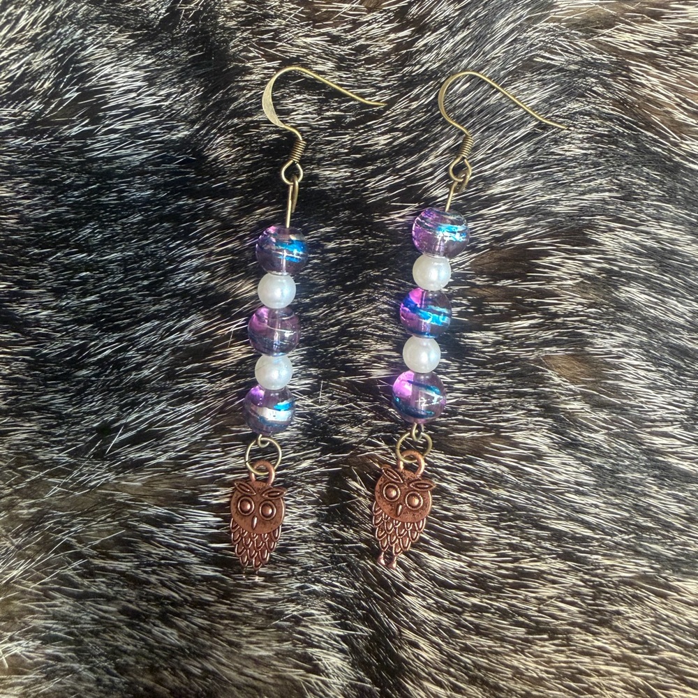 Elegant Owl Dangle Earrings with Purple and Gold Accents